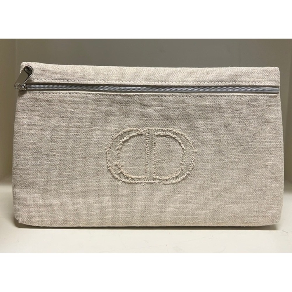 Dior Beauty Makeup Bag Clutch Beige Canvas Zip Pouch Cosmetic Travel Med‎ New